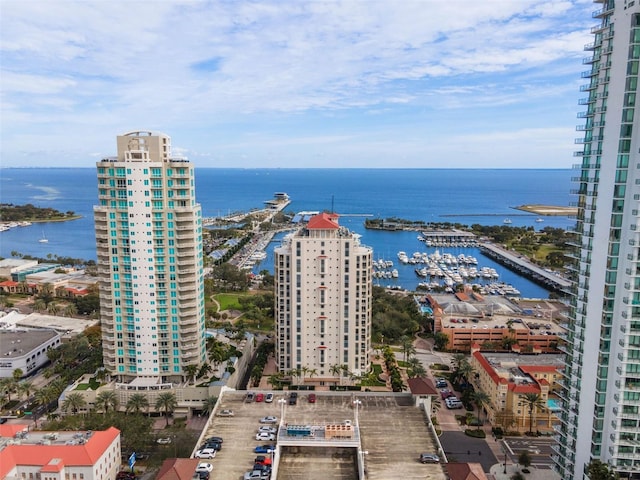 drone / aerial view with a water view