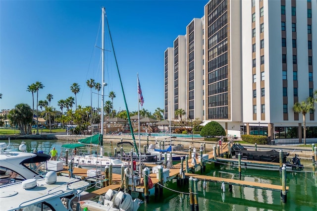 view of dock with a water view