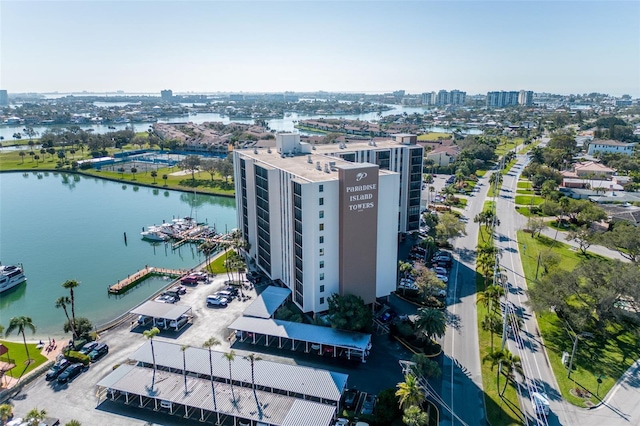 drone / aerial view with a water view