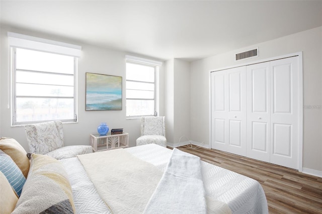 bedroom with dark wood-type flooring, multiple windows, and a closet