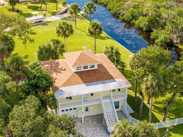 drone / aerial view featuring a water view