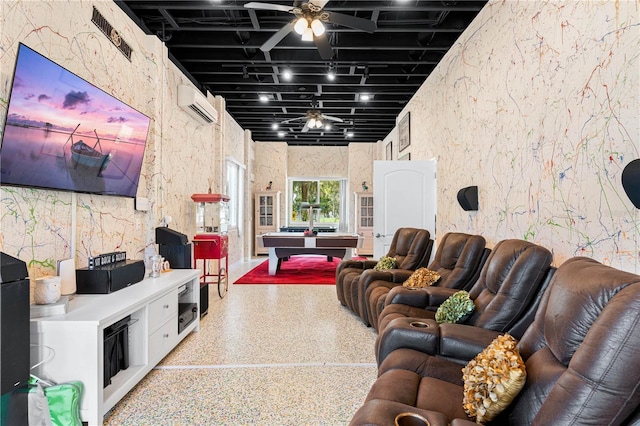 living room featuring ceiling fan, a wall mounted air conditioner, pool table, and a towering ceiling