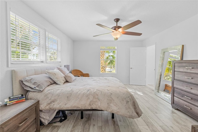 bedroom featuring light hardwood / wood-style floors and ceiling fan