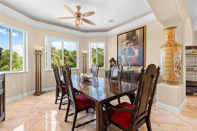 dining room with ceiling fan, ornamental molding, and a wealth of natural light