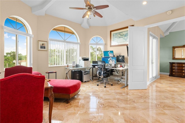 office space with ceiling fan, lofted ceiling with beams, and marble finish floor