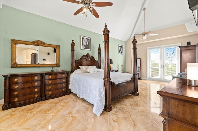 bedroom with access to outside, ceiling fan, and vaulted ceiling with beams