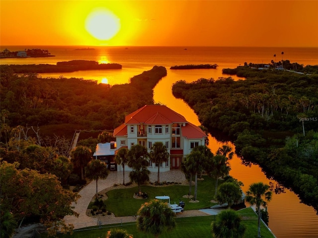birds eye view of property with a water view and a forest view