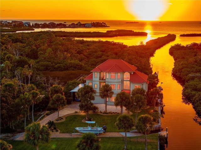 birds eye view of property featuring a water view and a view of trees