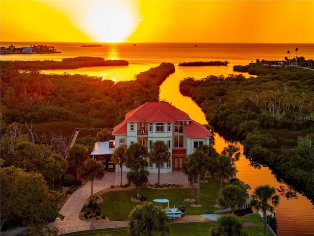 aerial view featuring a view of trees and a water view