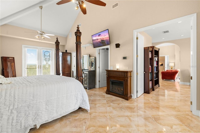 bedroom with arched walkways, high vaulted ceiling, visible vents, and marble finish floor