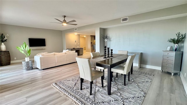 dining area with ceiling fan and light wood-type flooring