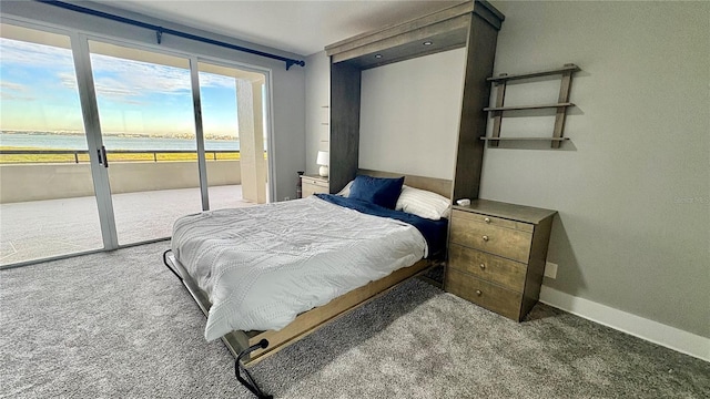 carpeted bedroom featuring a water view and access to outside