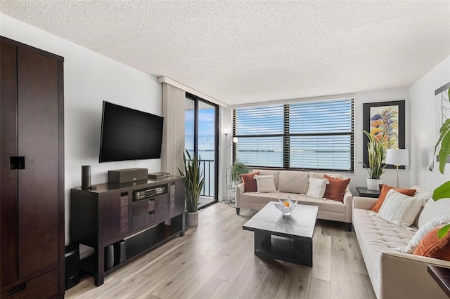 living room featuring expansive windows, a textured ceiling, and light hardwood / wood-style flooring