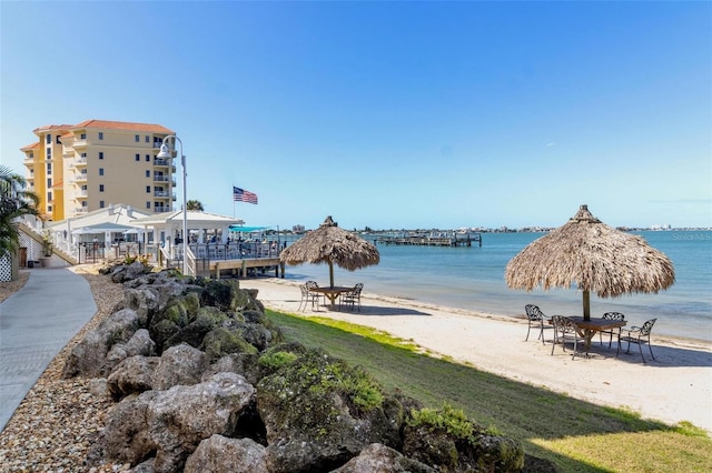 view of water feature with a beach view