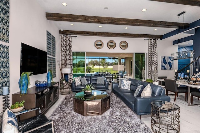 living room featuring beam ceiling