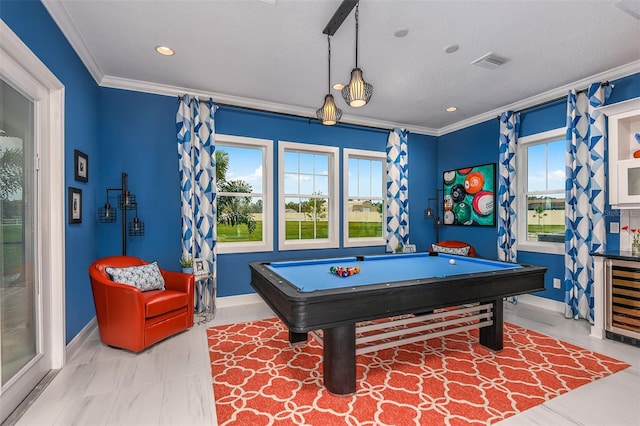 game room featuring wine cooler, crown molding, and billiards