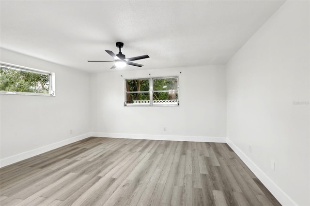 spare room featuring ceiling fan, light hardwood / wood-style floors, and a healthy amount of sunlight