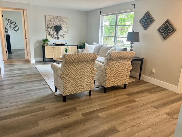 living area featuring baseboards and wood finished floors