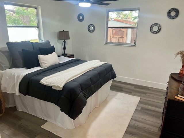 bedroom featuring baseboards, multiple windows, and wood finished floors