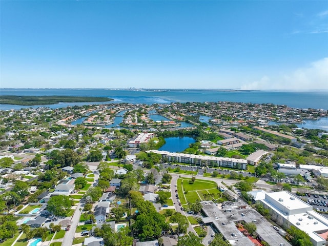 drone / aerial view with a water view