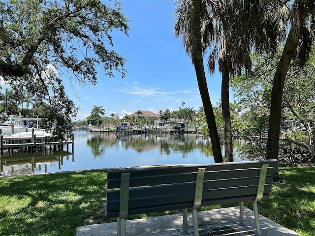 dock area with a lawn and a water view