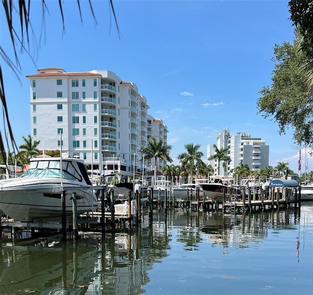 view of dock with a water view