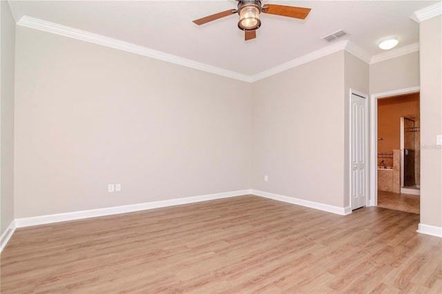 unfurnished room featuring ceiling fan, crown molding, and light hardwood / wood-style floors