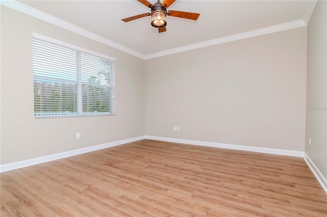 empty room with light wood-type flooring, ceiling fan, and crown molding