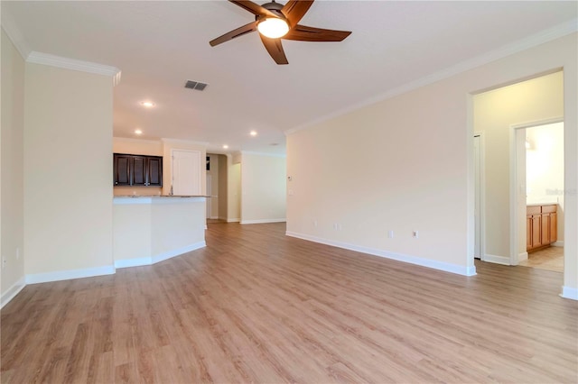 unfurnished living room with ceiling fan, light hardwood / wood-style flooring, and ornamental molding