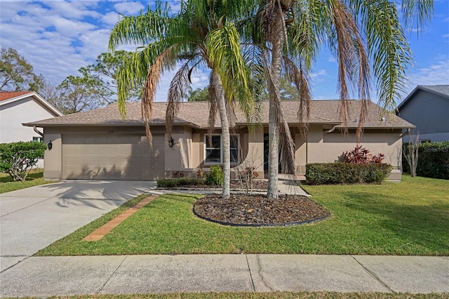 ranch-style house featuring a front lawn and a garage