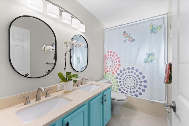 full bathroom with toilet, tile patterned flooring, shower / bathtub combination with curtain, and vanity