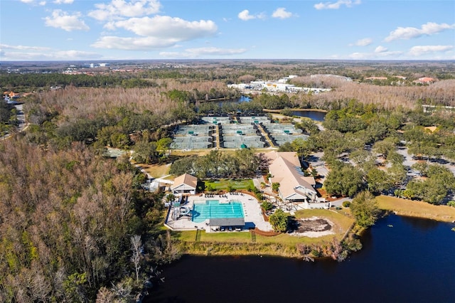 drone / aerial view with a water view