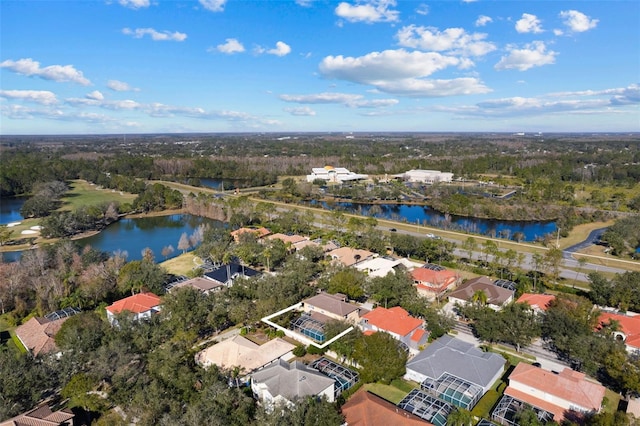 bird's eye view with a water view