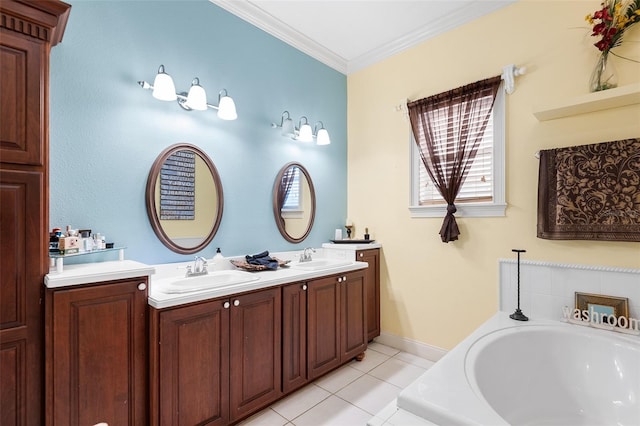 full bath with a bath, ornamental molding, tile patterned floors, and a sink