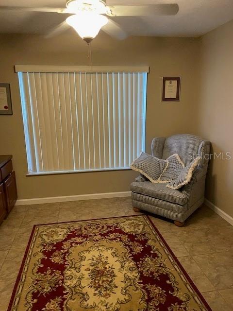 living area with ceiling fan