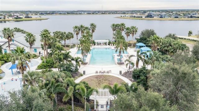 birds eye view of property featuring a water view