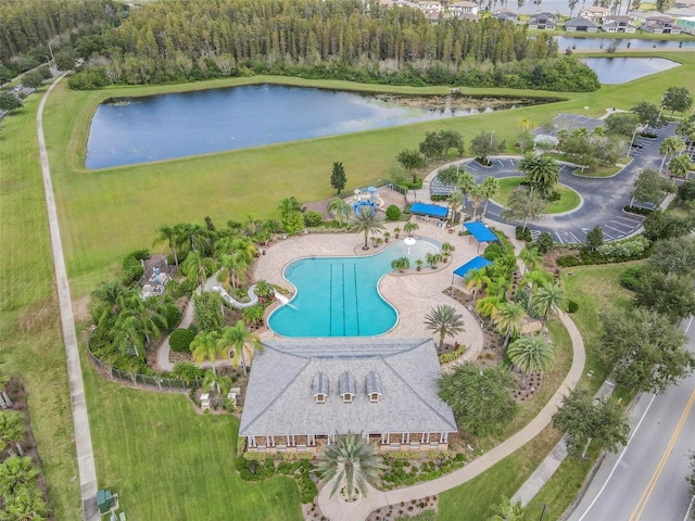 bird's eye view with a water view