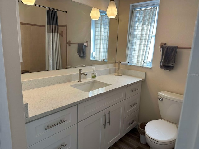 bathroom with a shower with curtain, vanity, toilet, and wood-type flooring