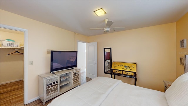 bedroom with a spacious closet, light hardwood / wood-style flooring, and ceiling fan