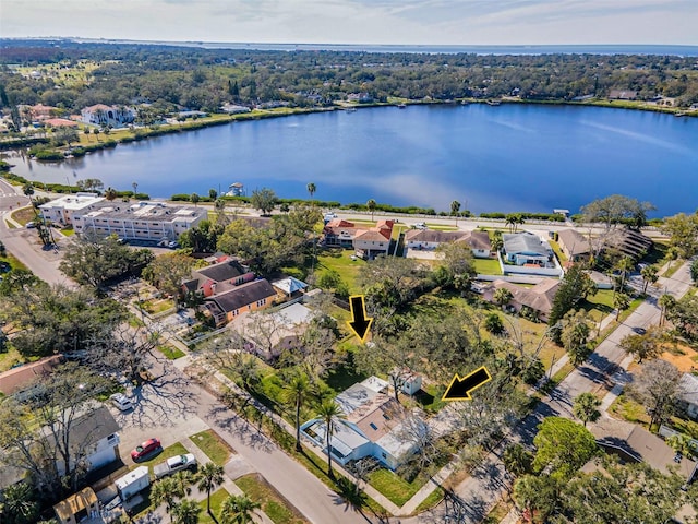 drone / aerial view with a water view