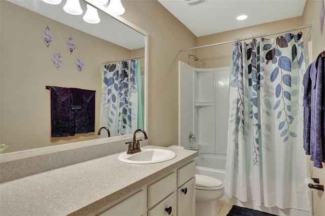 full bathroom with toilet, tile patterned flooring, shower / bath combo, and vanity