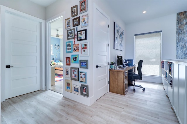 home office with ceiling fan and light hardwood / wood-style floors