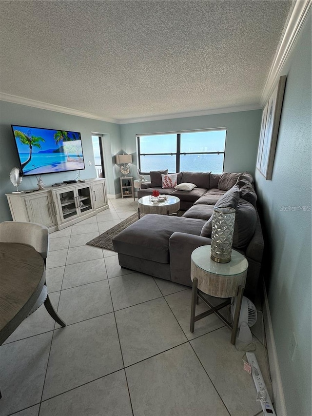 tiled living room featuring crown molding