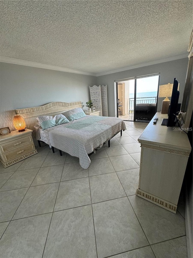 tiled bedroom with a textured ceiling and crown molding