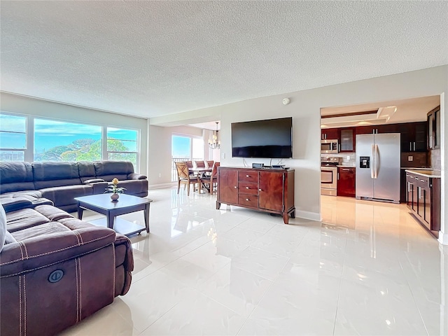 tiled living room with a textured ceiling