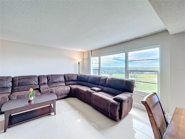 living room featuring a textured ceiling