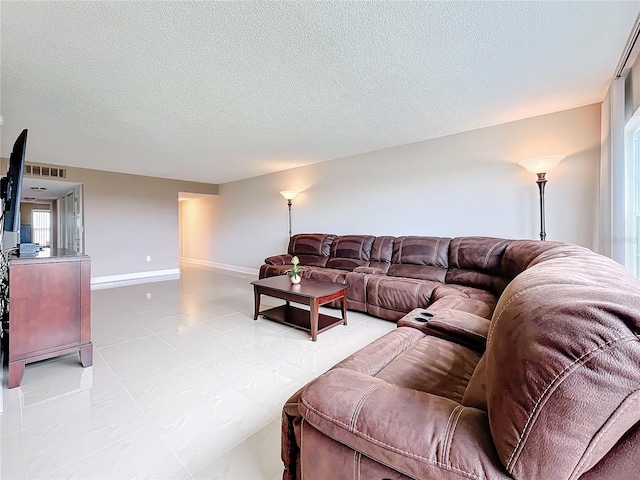 living room featuring a textured ceiling