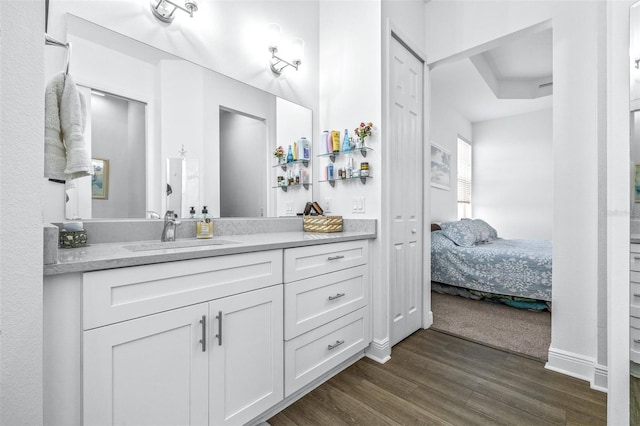 bathroom featuring wood-type flooring, vanity, and a raised ceiling