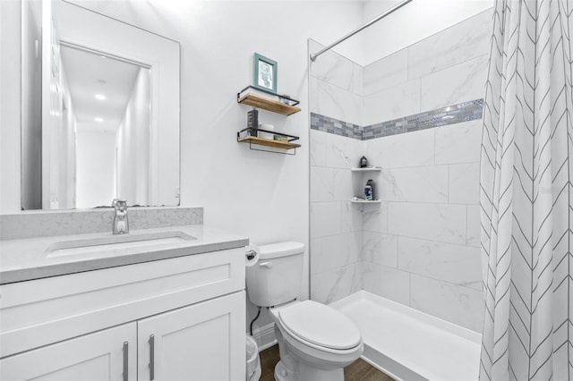 bathroom featuring vanity, curtained shower, and toilet