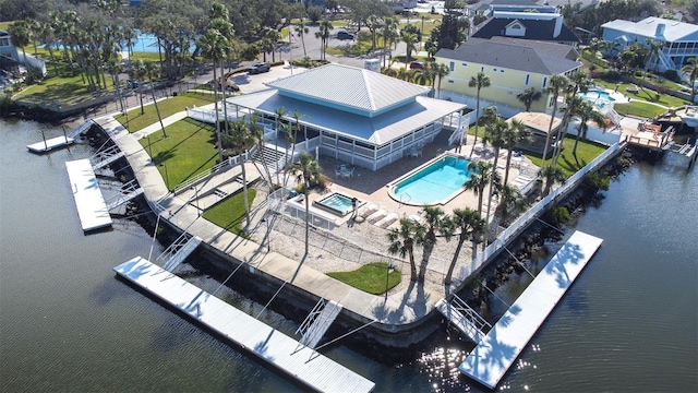 bird's eye view with a water view